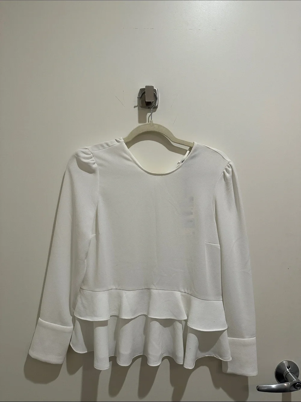 Zara White Double Ruffle Hem Long Sleeve Blouse